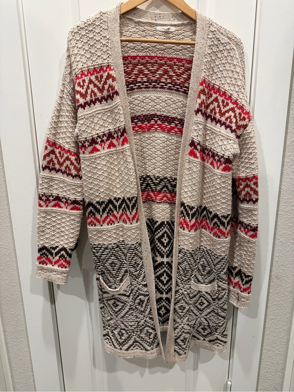 Maurices Cream Open-Front Cardigan with Red and Black Aztec Pattern